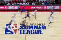 The Milwaukee Bucks play the Philadelphia 76ers during a basketball game at the Vegas Summer Le ...