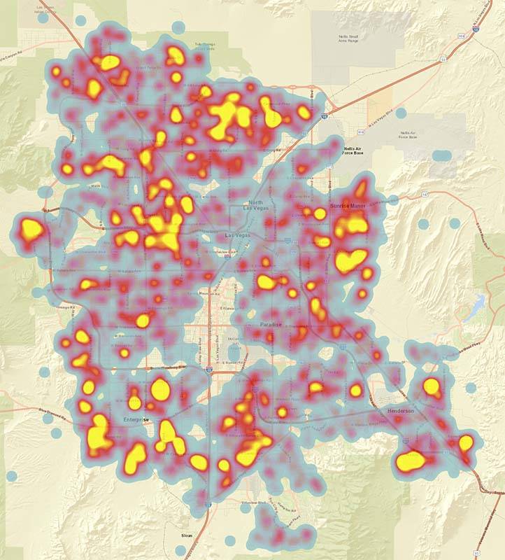 This heat map shows the concentration of complaints about illegal fireworks activity in the Las