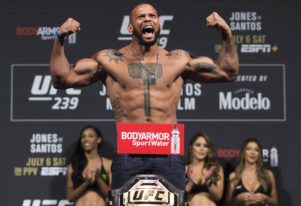 UFC light heavyweight Thiago Santos gets fired up while weighing in for UFC 239 on Friday, July ...