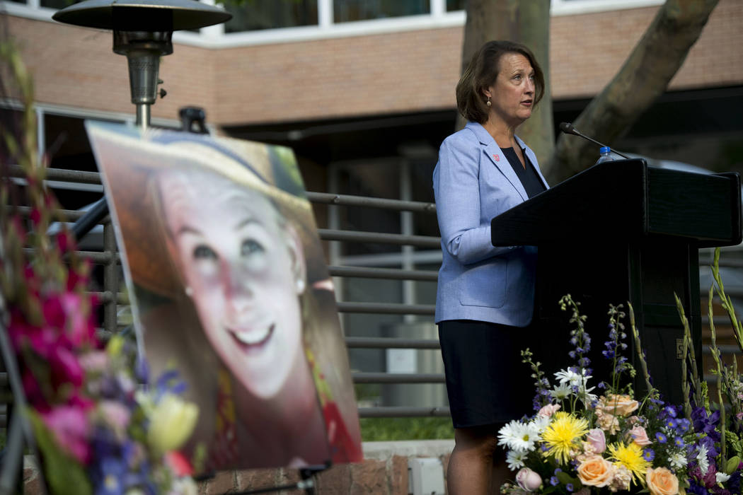 University of Utah President Ruth V. Watkins speaks during a vigil for Mackenzie Lueck at the u ...
