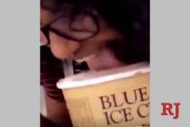 A screenshot shows a woman licking ice cream from a tub of Blue Bell in Lufkin, Texas. (Optimus ...