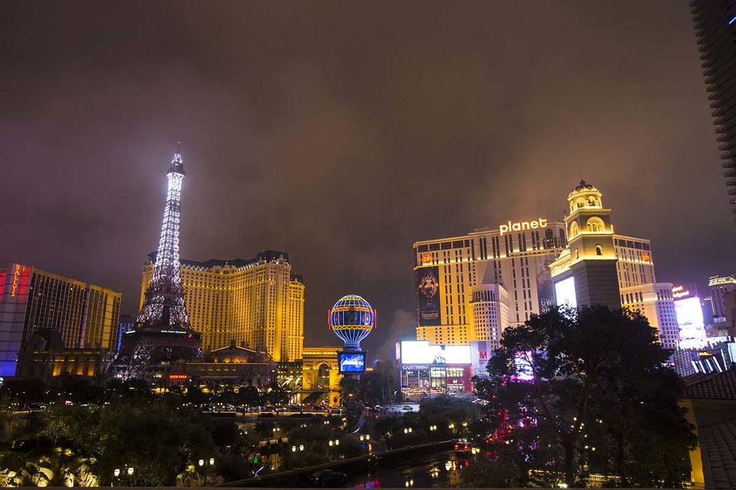 A view of the Bally's, Paris Las Vegas and Planet Hollywood on the Las Vegas Strip. (Chase Stev ...