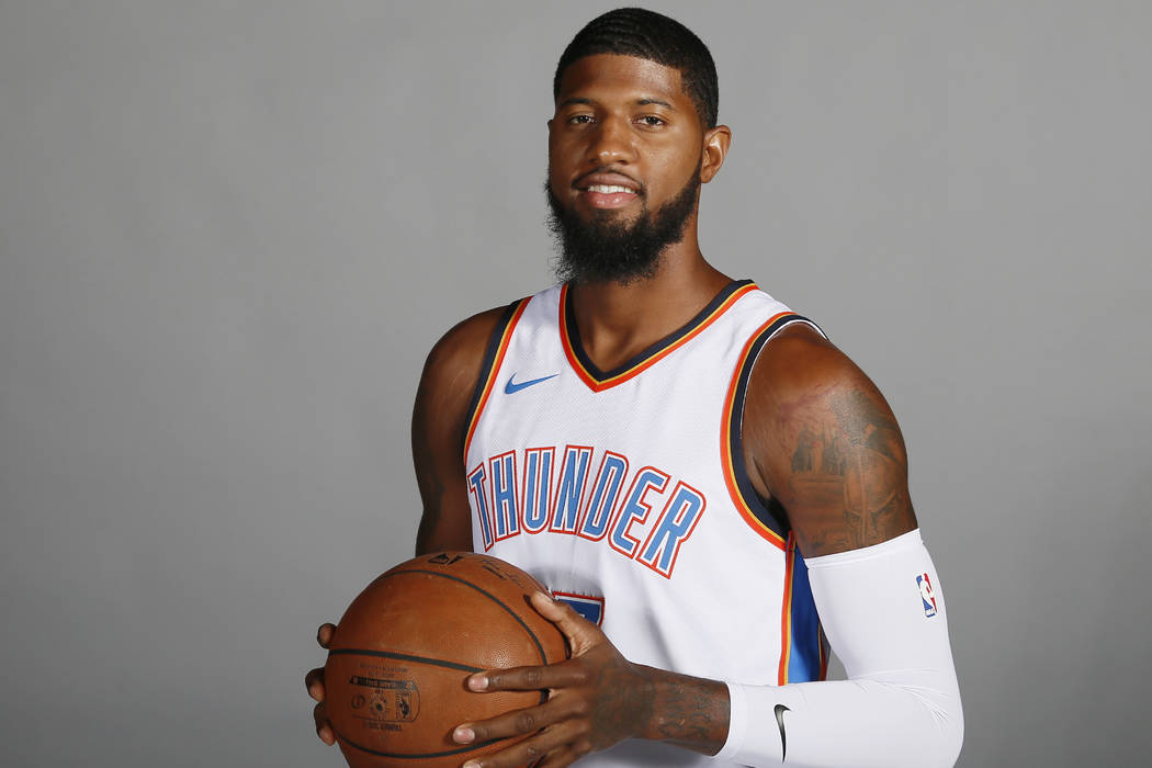 Oklahoma City Thunder forward Paul George is pictured during an NBA basketball media day in Okl ...