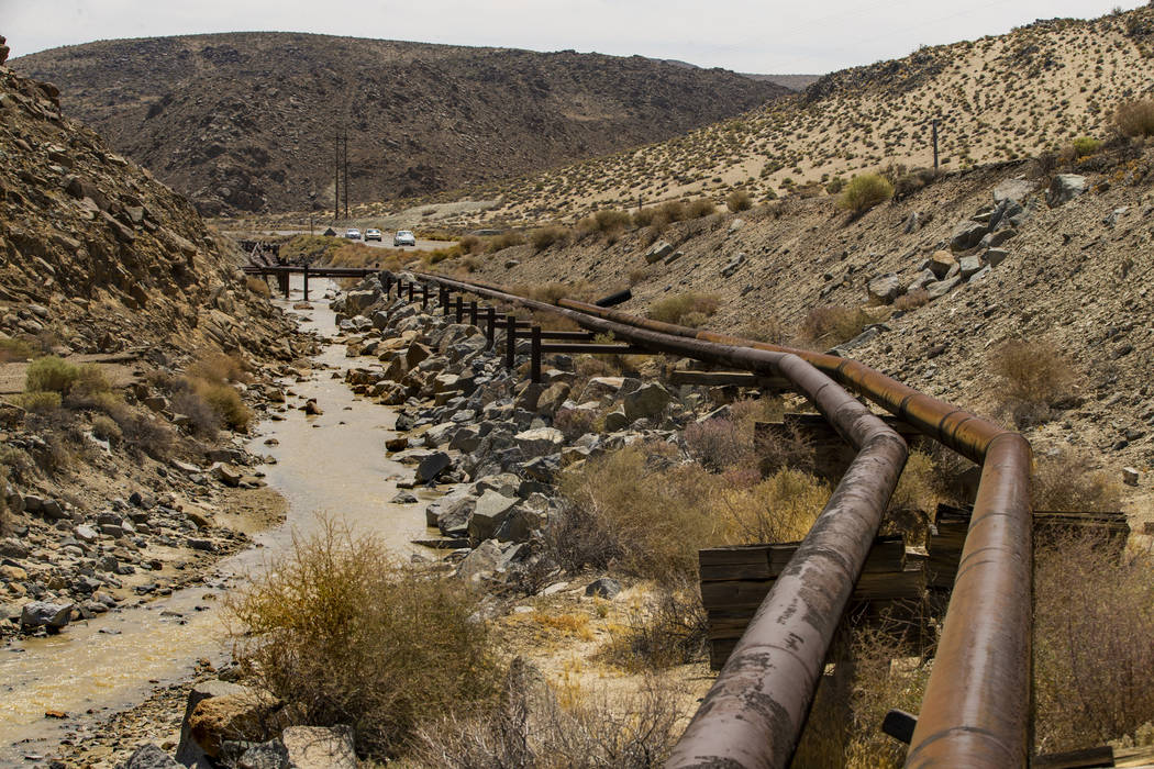 The water lines, which feed Trona, Calif. from Ridgecrest, leak due to the major earthquakes al ...