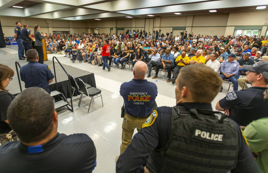 Ridgecrest Police Chief Jed McLaughlin speaks during a packed town hall meeting for area reside ...