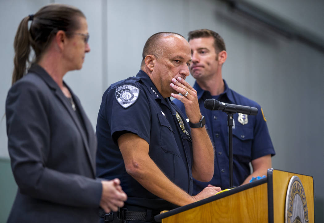 Ridgecrest Police Chief Jed McLaughlin pauses while speaking during a packed town hall meeting ...