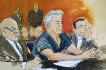 In this courtroom artist's sketch, defendant Jeffrey Epstein, center, sits with attorneys Marti ...