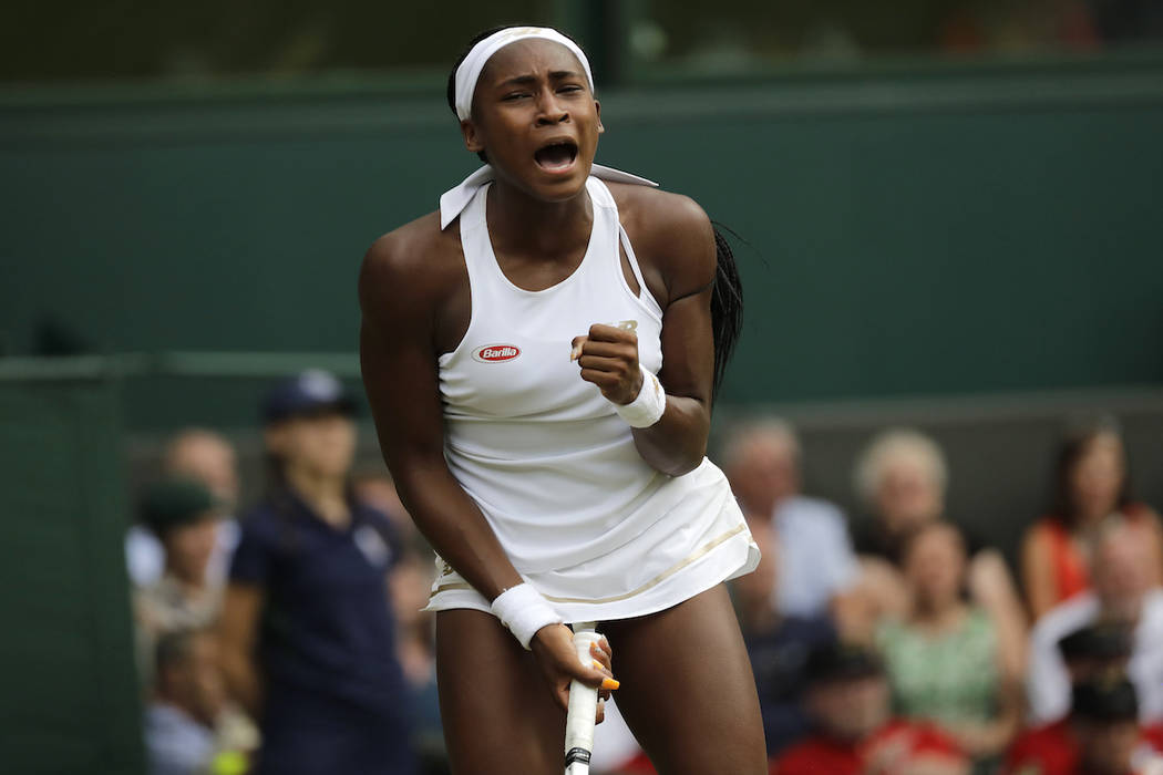 United States' Cori "Coco" Gauff reacts after winning a point against Slovenia's Polo ...