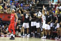 The Washington Wizards' guard Troy Caupain (14) and the Brooklyn Nets' bench players protest a ...