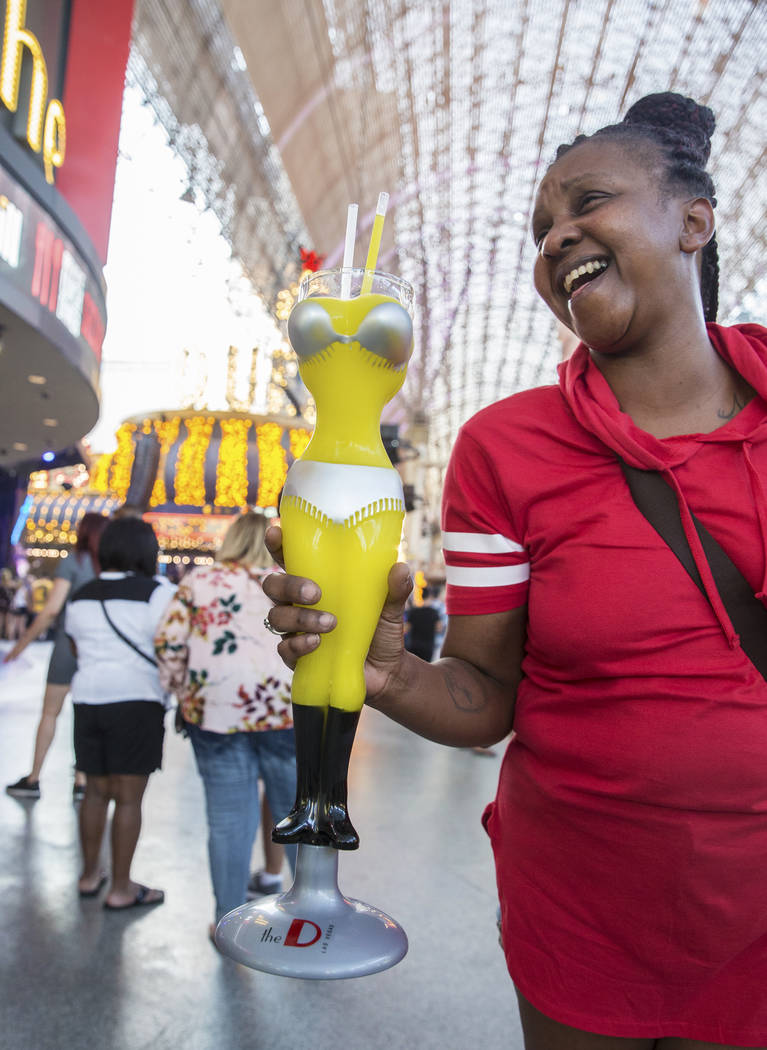 Nina Taylor holds a banana margarita from D Bar on Friday, July 5, 2019, at the Fremont Street ...