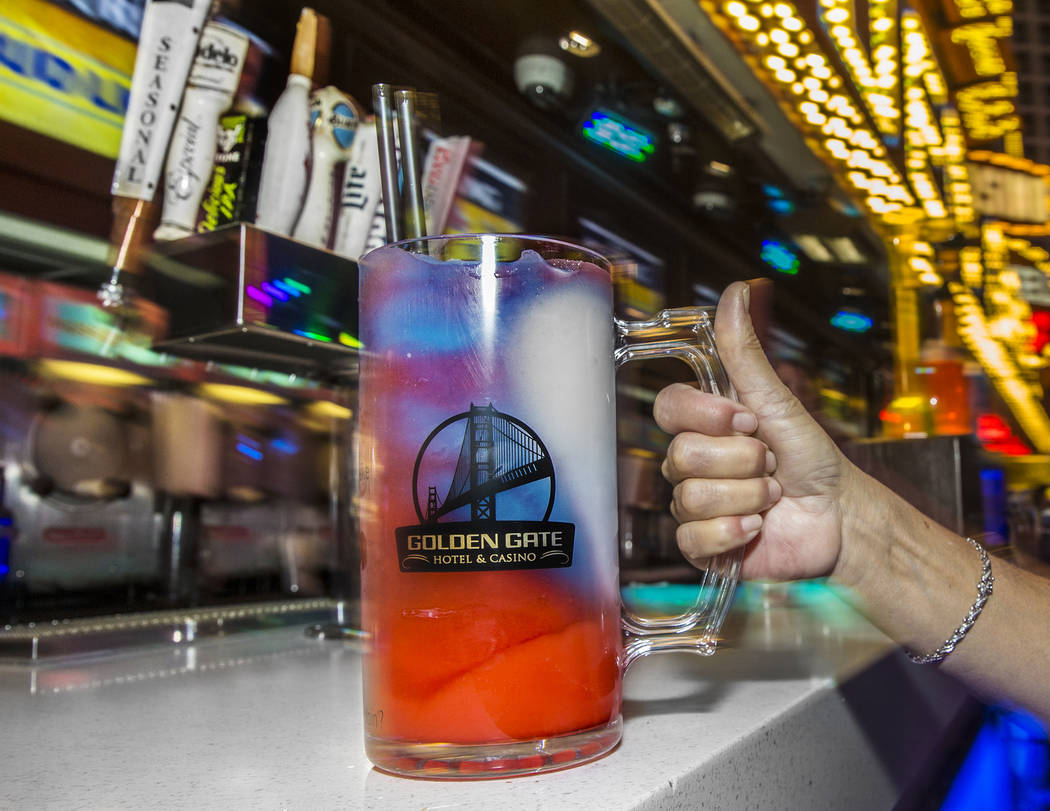 A 60-ounce frozen pina colada watermelon margarita at OneBar on Friday, July 5, 2019, at the Fr ...