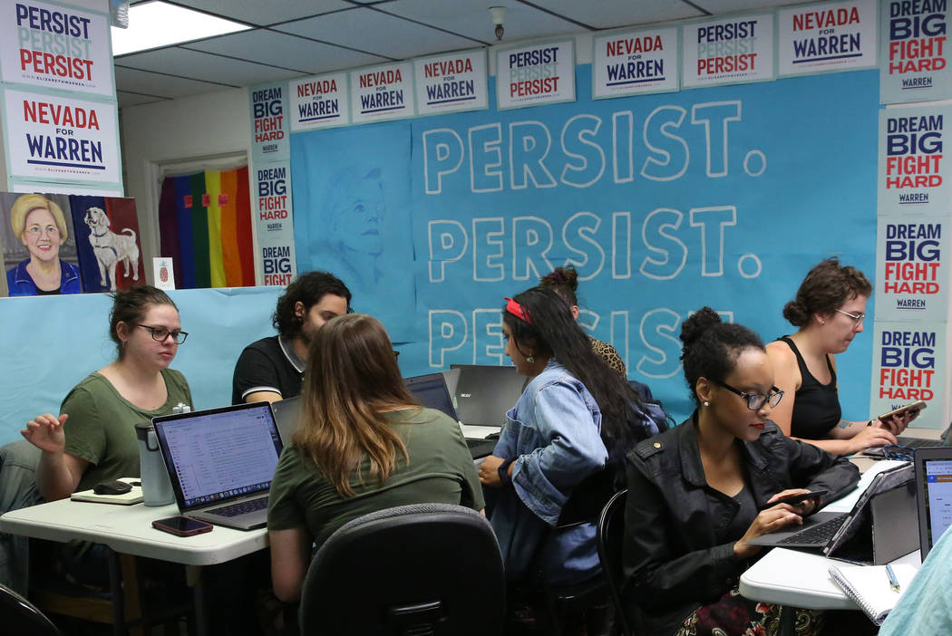Democratic presidential candidate Sen. Elizabeth Warren's, D-Mass, Nevada campaign staff make p ...
