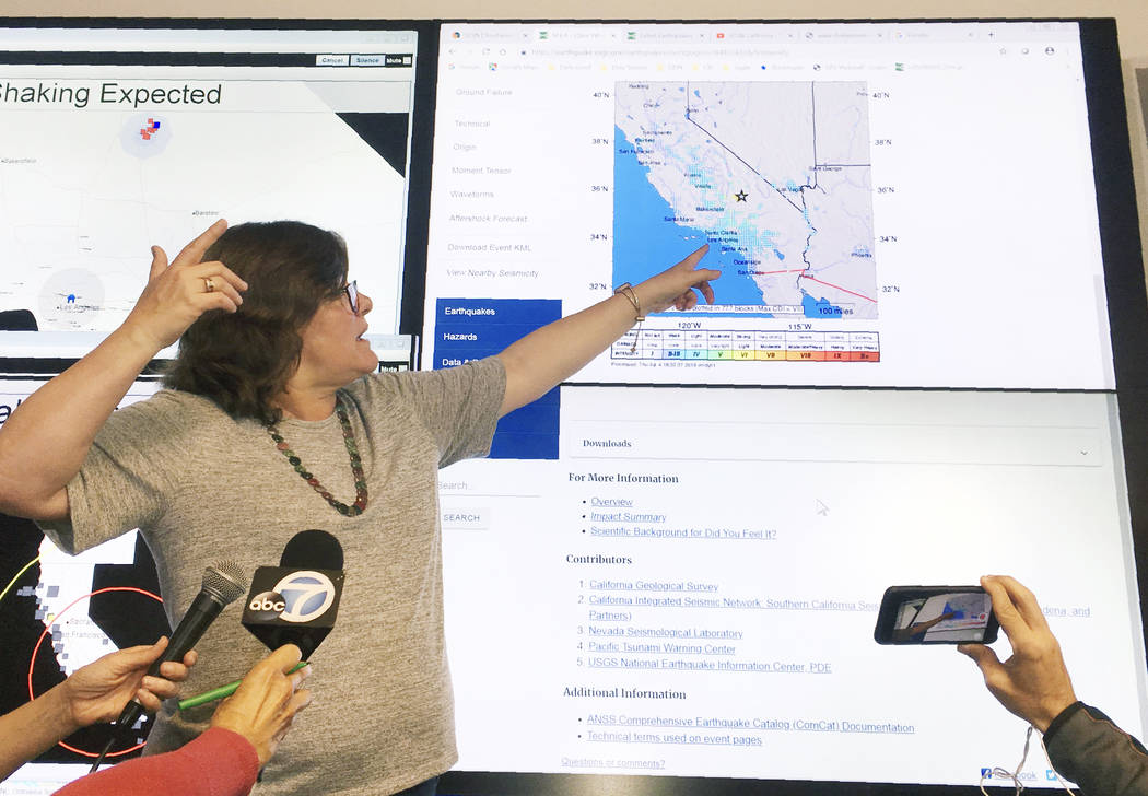 Seismologist Lucy Jones talks during a news conference at the Caltech Seismological Laboratory ...