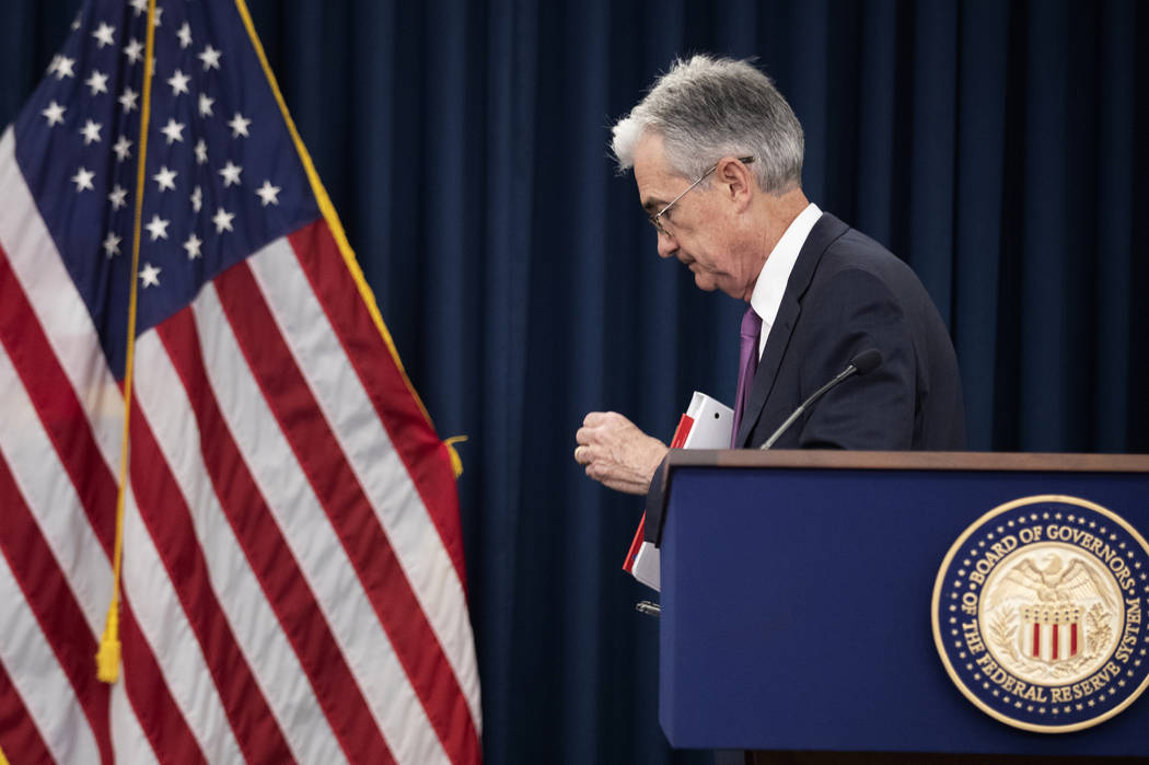 In a June 19, 2019, file photo Federal Reserve Chairman Jerome Powell concludes a news conferen ...
