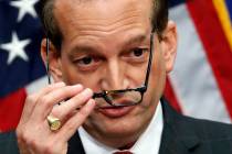 Labor Secretary Alex Acosta speaks during a news conference at the Department of Labor, Wednesd ...