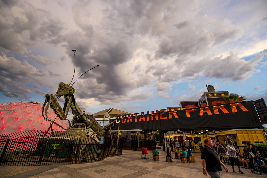 The fire-shooting preying mantis sits out front of Container Park in downtown Las Vegas. (Joshu ...