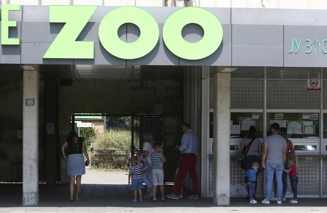 Visitors enter the zoo, in Skopje, North Macedonia, Thursday, July 11, 2019. Koko, the chimpan ...
