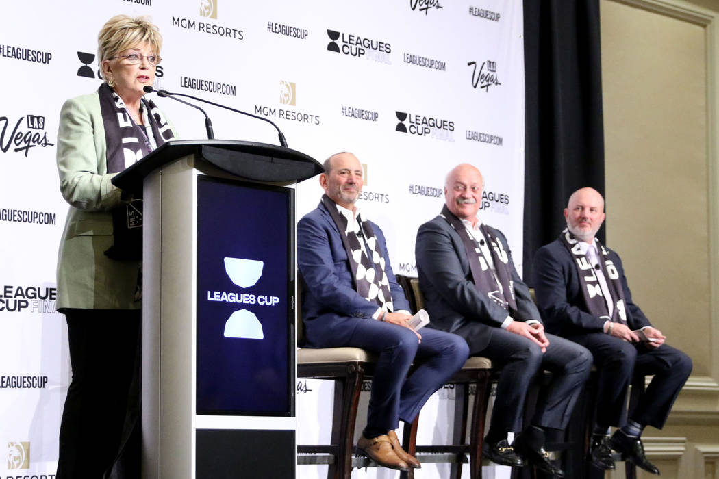 Las Vegas Mayor Carolyn Goodman talks to media about the Liga MX-Major League Soccer (MLS) Leag ...