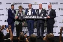 Commentator Hercules Gomez, from left, Las Vegas Mayor Carolyn Goodman, Major League Soccer Pre ...