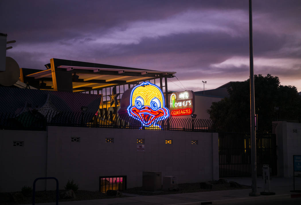 The recently restored Ugly Duckling sign at the Neon Museum in downtown Las Vegas on Thursday, ...