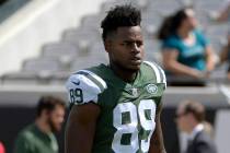 In this Sept.30, 2018, file photo, New York Jets tight end Chris Herndon warms up before an NFL ...