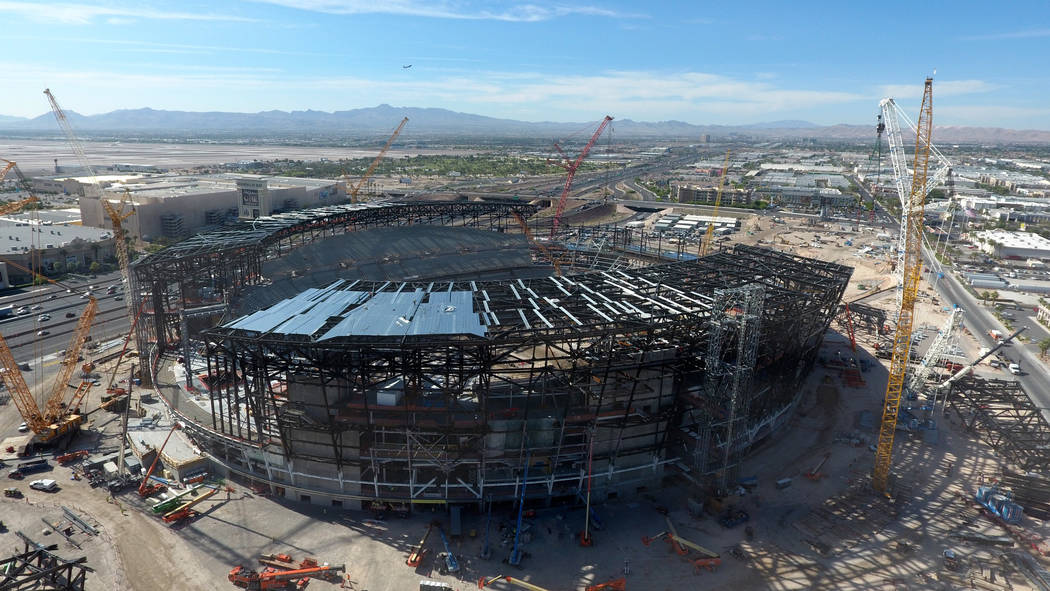 Aerial view of the Las Vegas Raiders stadium under construction as seen on Friday, March 15, 20 ...