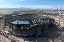 Aerial view of the Las Vegas Raiders stadium under construction as seen on Friday, March 15, 20 ...