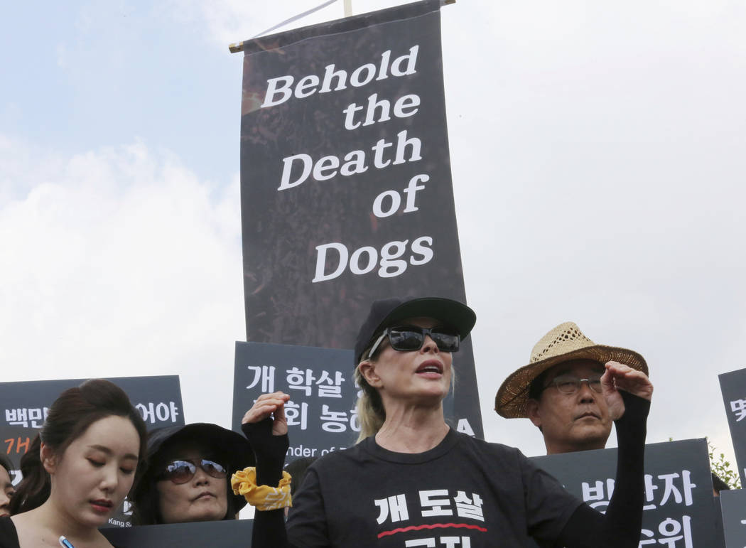 American actress Kim Basinger, center, speaks during a rally to oppose eating dog meat in front ...