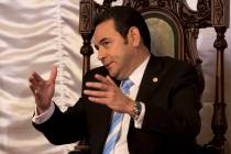 FILE - In this Jan. 10, 2019 file photo, Guatemalan President Jimmy Morales talks with Canada's ...