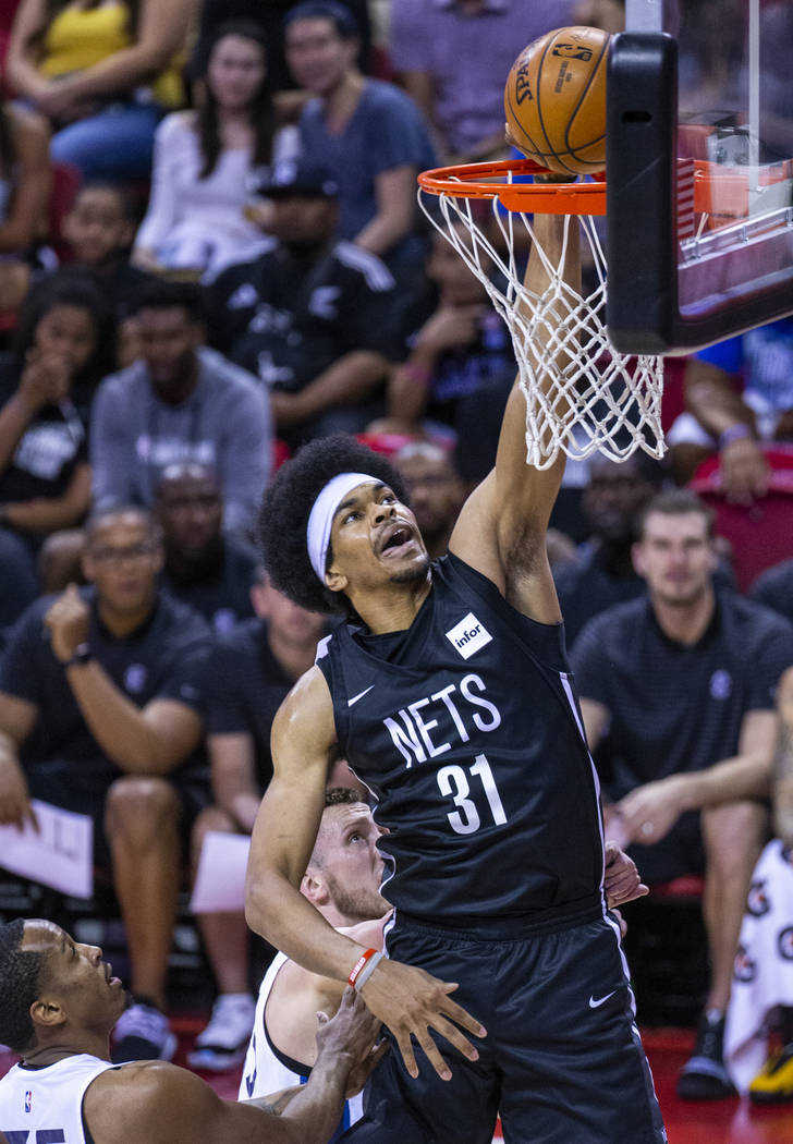 Brooklyn Nets center Jarrett Allen dunks the ball over the Minnesota Timberwolves during the fi ...