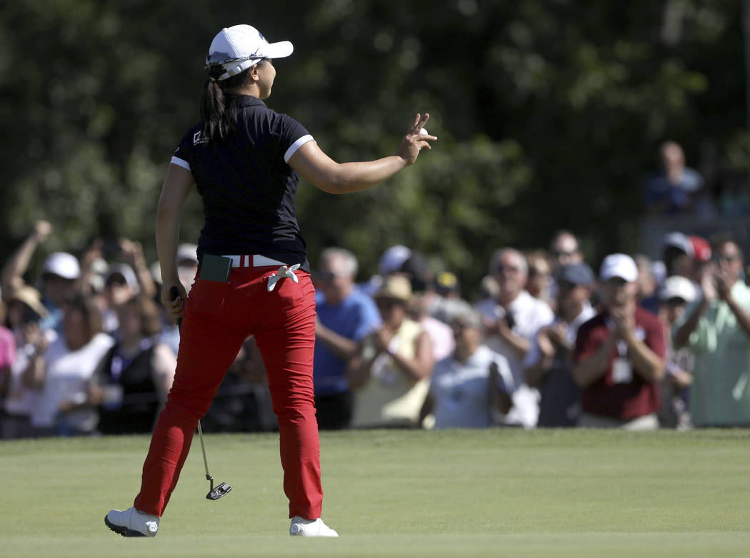 Sei Young Kim waves to fans after making par in the final round of the LPGA Marathon Classic at ...