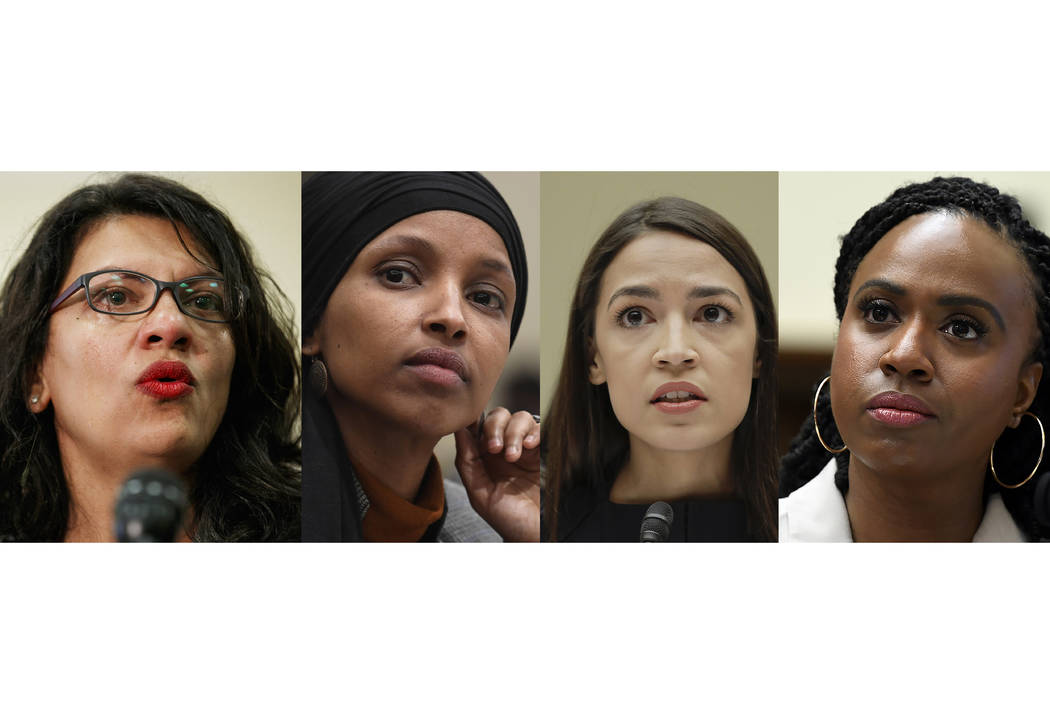 In this combination image from left; Rep. Rashida Tlaib, D-Mich., July 10, 2019, Washington, Re ...