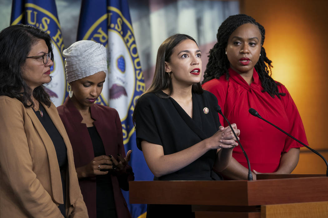 From left, Rep. Rashida Tlaib, D-Mich., Rep. llhan Omar, D-Minn., Rep. Alexandria Ocasio-Cortez ...