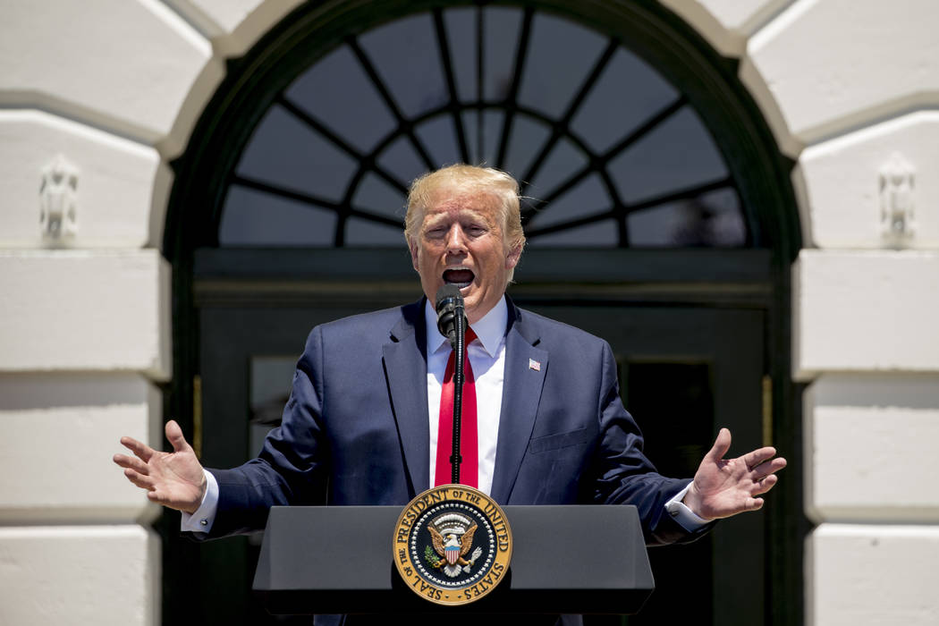 President Donald Trump speaks during a Made in America showcase on the South Lawn of the White ...