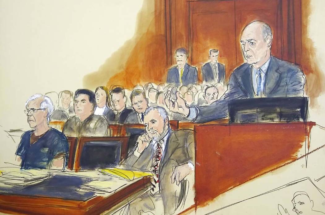 In this courtroom artist's sketch, defendant Jeffrey Epstein, left, and attorney Reid Weingarte ...