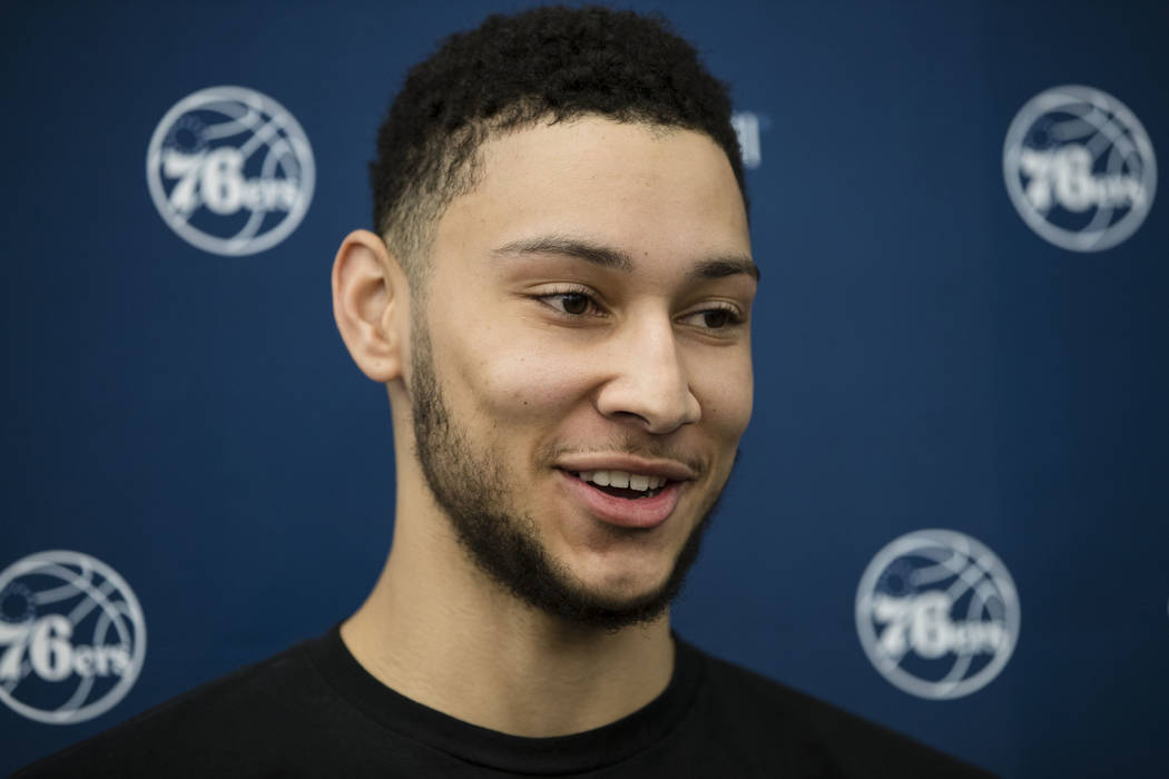 Philadelphia 76ers' Ben Simmons speaks with members of the media at the team's NBA basketball t ...