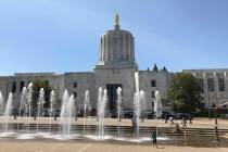 Children play in fountains at the Oregon State Capitol in Salem, Ore., Saturday, June 29, 2019. ...