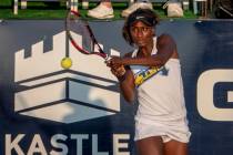 Vegas Rollers Asia Muhammad hits a backhand during a WTT match between the Washington Kastles a ...