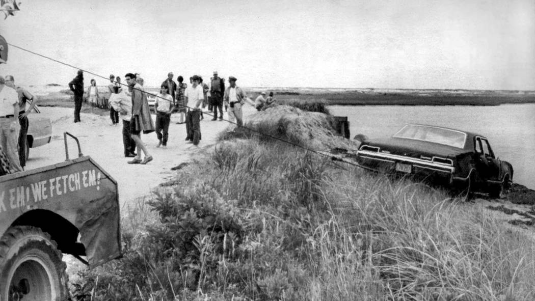 FILE -- In this July 19, 1969 file photograph, U.S. Sen. Edward Kennedy's car is pulled from th ...