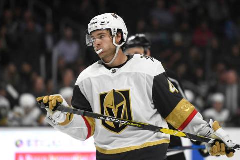 Vegas Golden Knights defenseman Jake Bischoff in action against the Los Angeles Kings during a ...