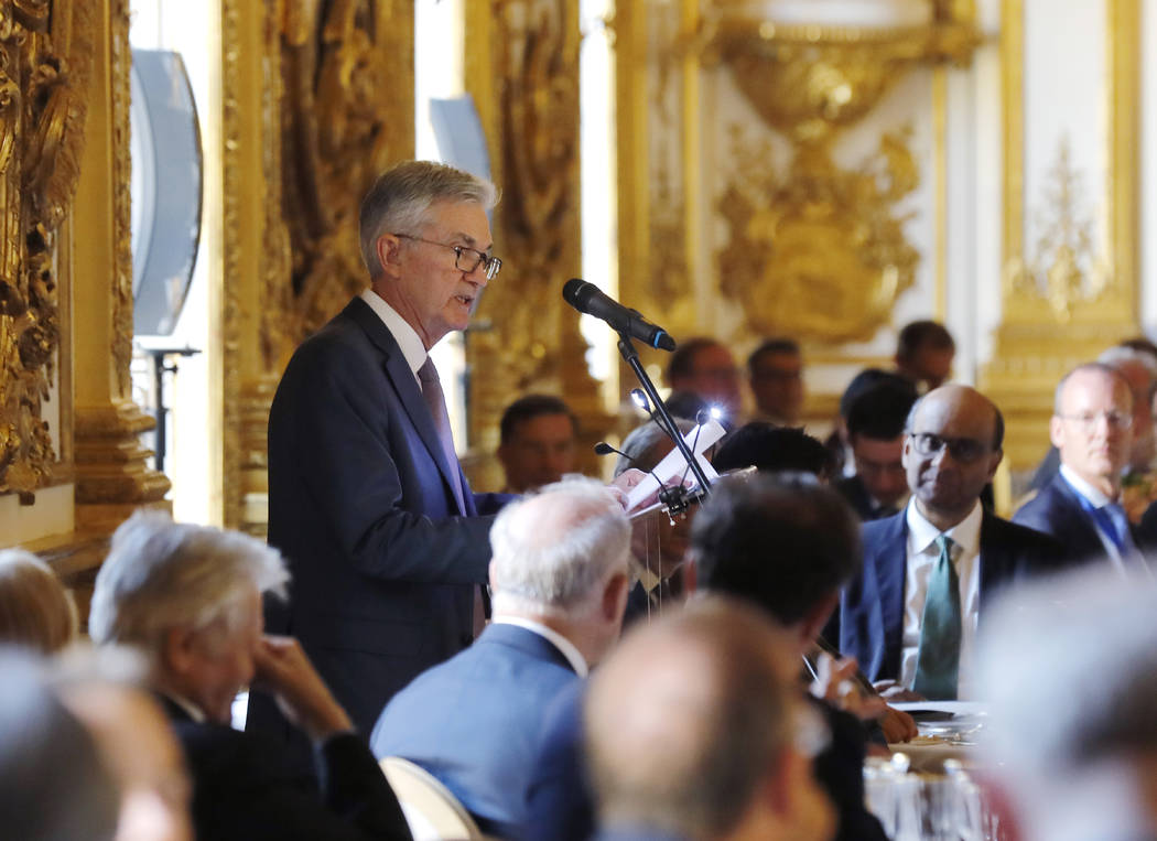 U.S. Federal Reserve Chairman Jerome Powell speaks during a dinner hosted by the Bank of France ...