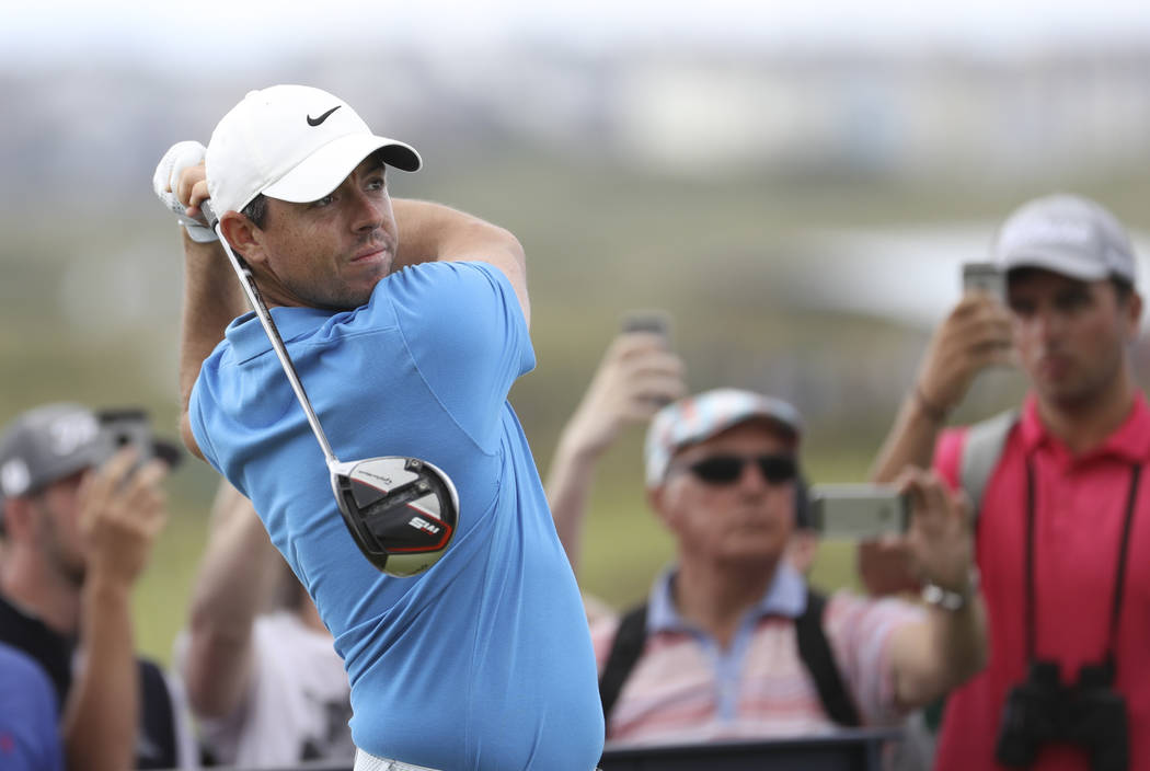Northern Ireland's Rory McIlroy plays his tee shot at the 4th during a practice round ahead of ...