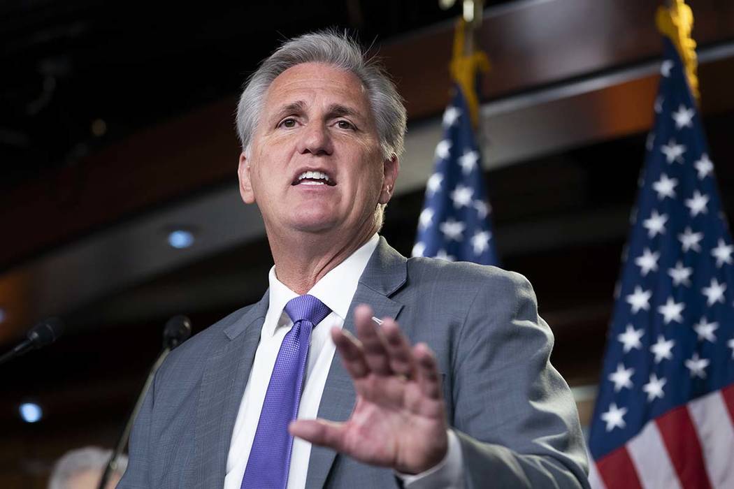 House Republican Leader Kevin McCarthy, D-Calif., speaks to reporters ahead of a vote ordered b ...