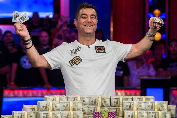Hossein Ensan celebrates after winning the World Series of Poker Main Event on Wednesday, July ...