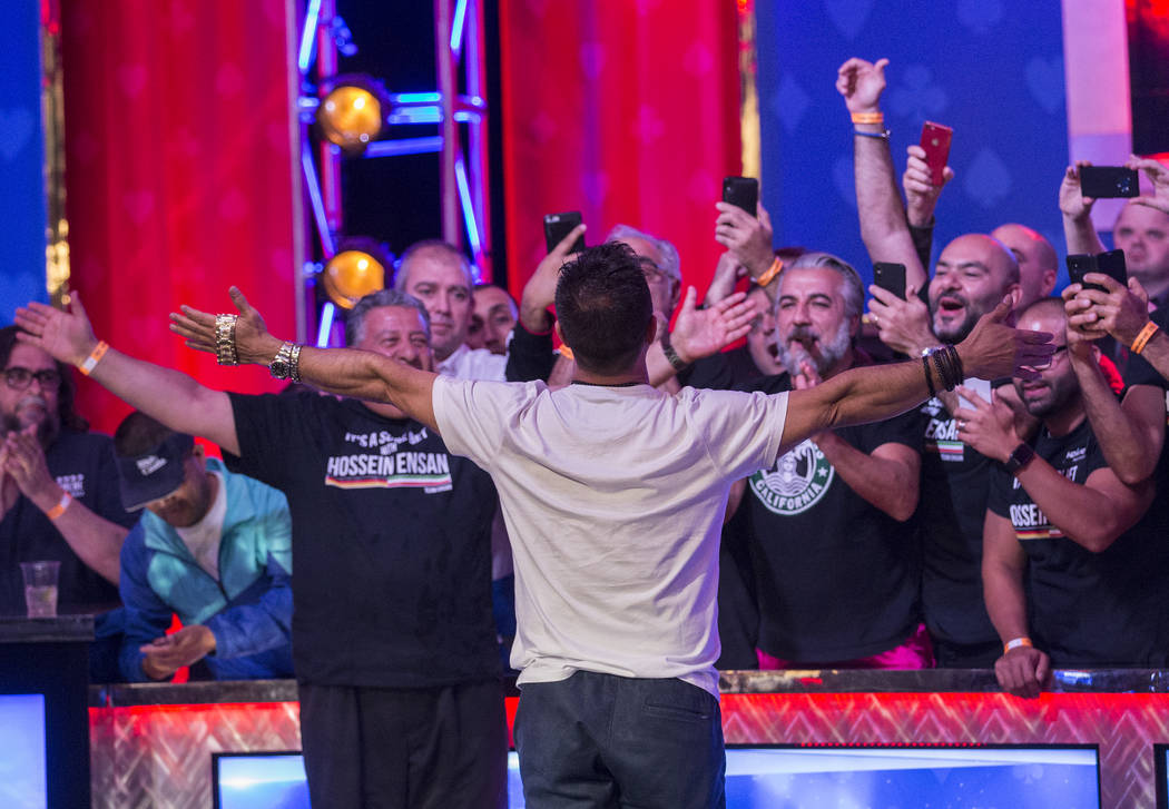 Hossein Ensan celebrates after winning the World Series of Poker Main Event on Wednesday, July ...