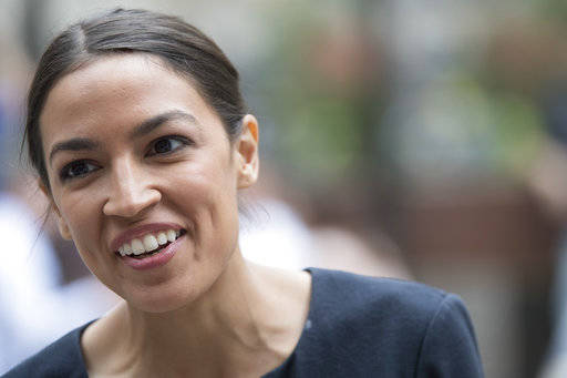In this June 27, 2018 photo, Alexandria Ocasio-Cortez, is photographed while being interviewed ...