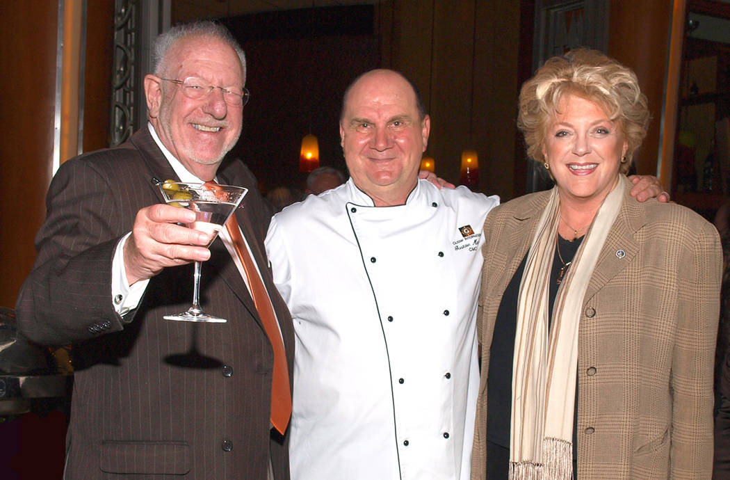 Former Mayor Oscar Goodman, from left, chef Gustav Mauler and Mayor Carolyn Goodman (Review-Jo ...