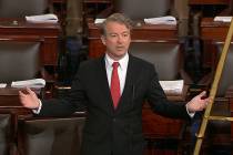 In this image from video from Senate Television, Sen. Rand Paul, R-Ky., speaks on the floor of ...