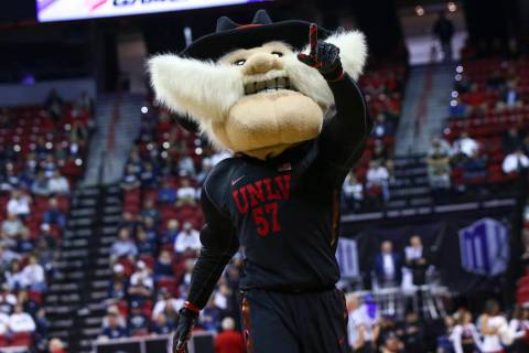 UNLV mascot Hey Reb! points to the crowd during the second half of a quarterfinal game against ...
