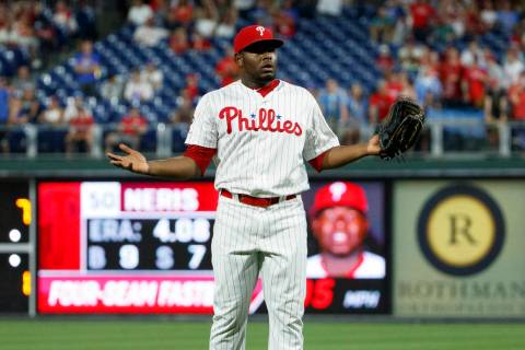 Philadelphia Phillies relief pitcher Hector Neris reacts after he was ejected for hitting Los A ...